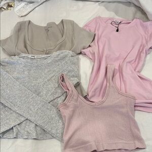 Garage Pink Top, Gray Long Sleeve Top, Brandy Button Up, and Urban Pink Tank Top
